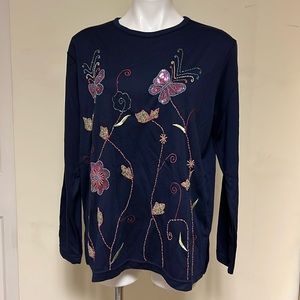 Quacker Factory NWT Navy long sleeve knit tee beaded flowers Large QVC